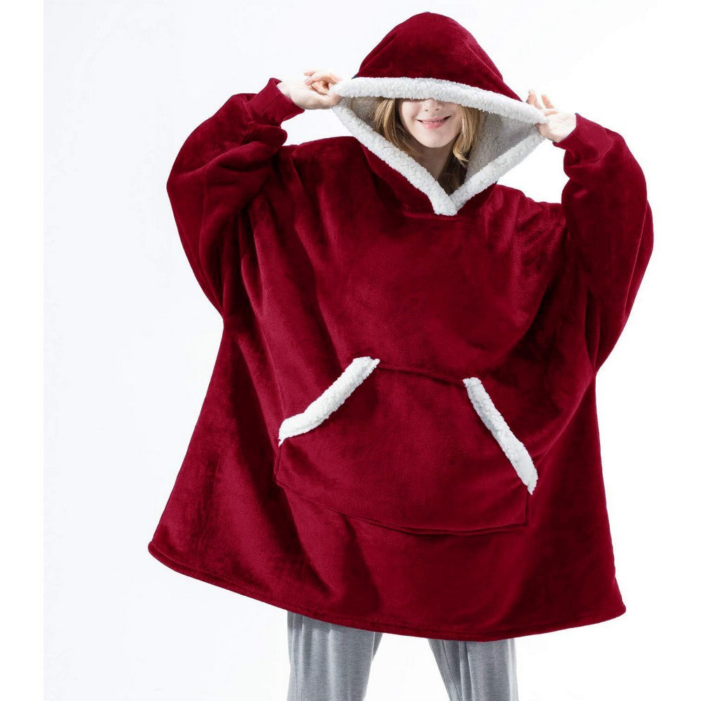 Wine Red Unisex Hoodie Blanket Hooded Oversized Wearable Throw Lazy Blanket