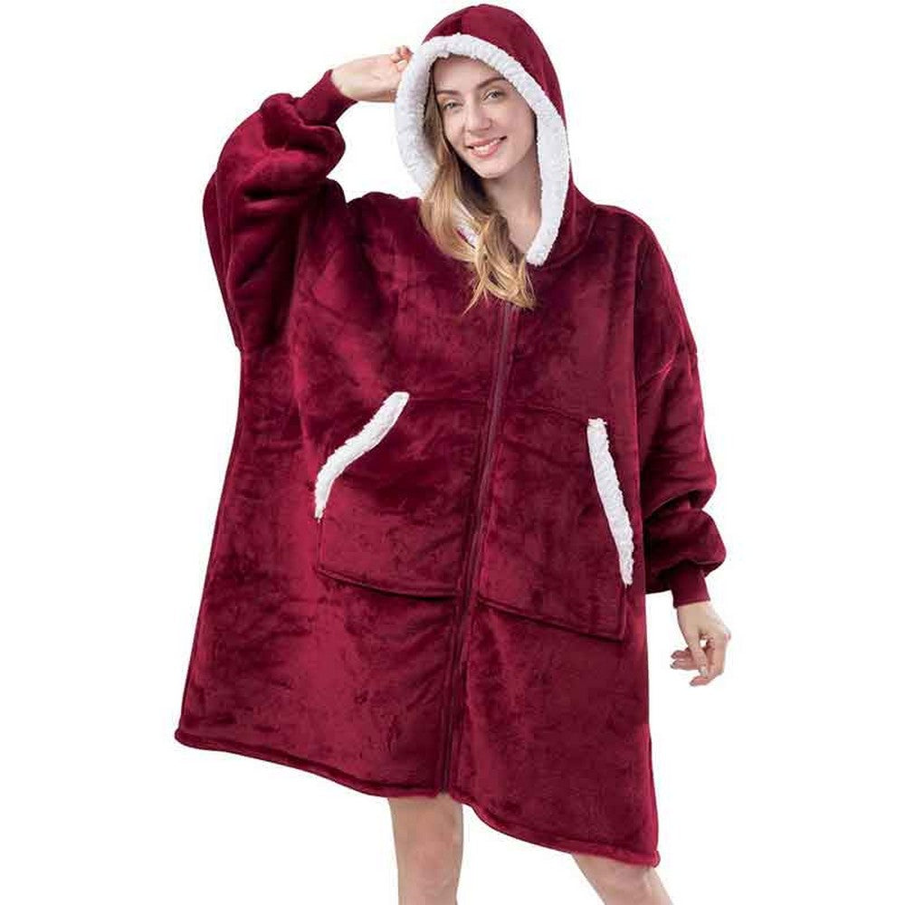 Wine Red Unisex Hoodie Blanket Hooded Oversized Wearable Throw Lazy Blanket
