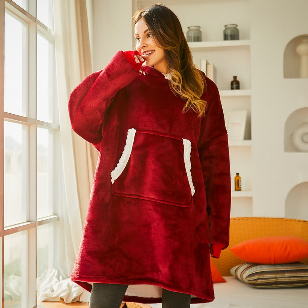 Wine Red Unisex Hoodie Blanket Hooded Oversized Wearable Throw Lazy Blanket