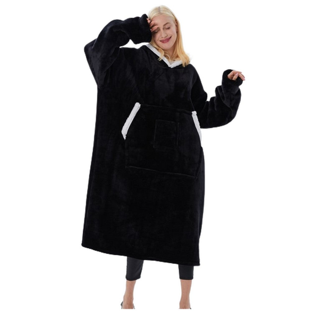 Unisex Hoodie Blanket Sherpa Hooded Oversized Wearable Throw Blanket Black