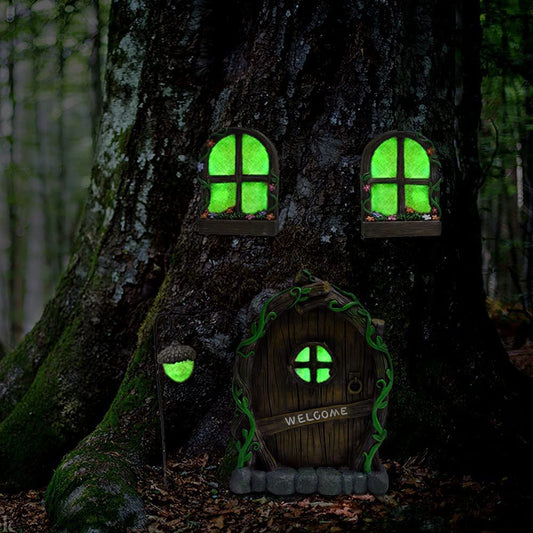 Glow in The Dark Fairy Door and Windows Wall Trees Sculpture
