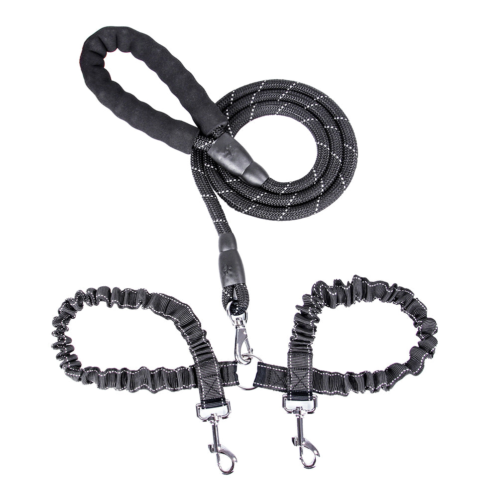 Set of Dual Dog Leash and Leash Extender with Reflective Point Black