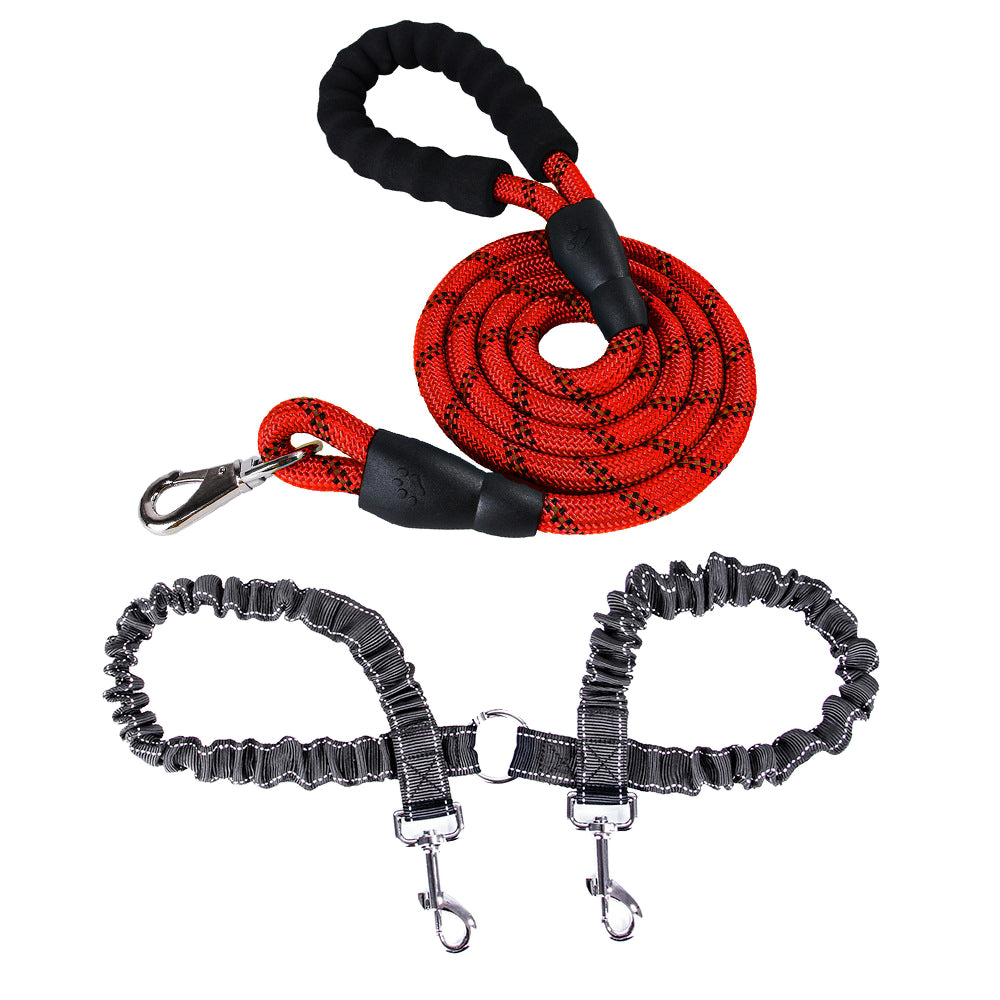 Set of Dual Dog Leash and Leash Extender with Reflective Point Red