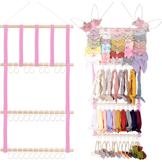 Wall Mounted Headband Bows Storage Rack with Hooks Pink