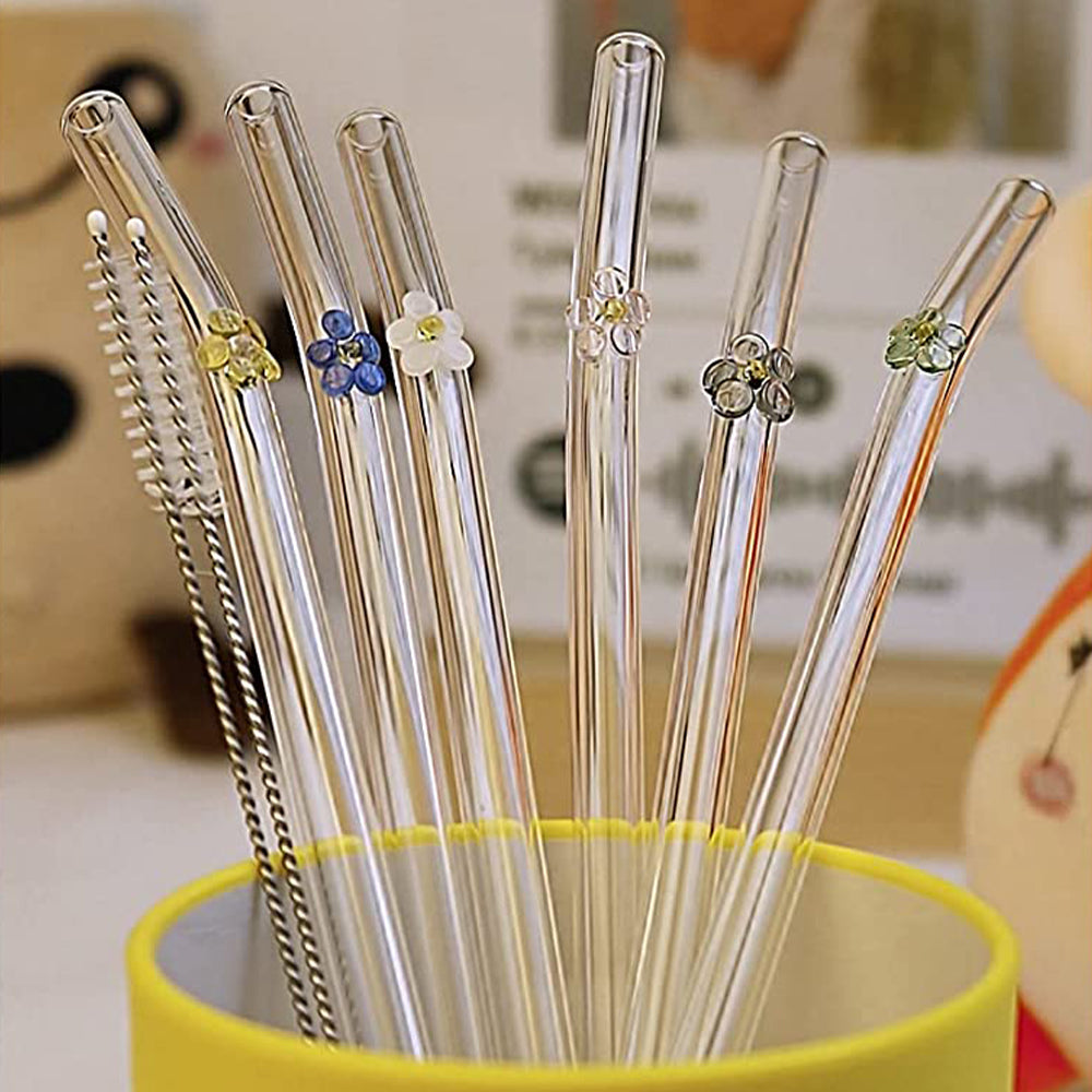 Set of 6pcs Reusable Drinking Glass Straws with Cleaning Brushes