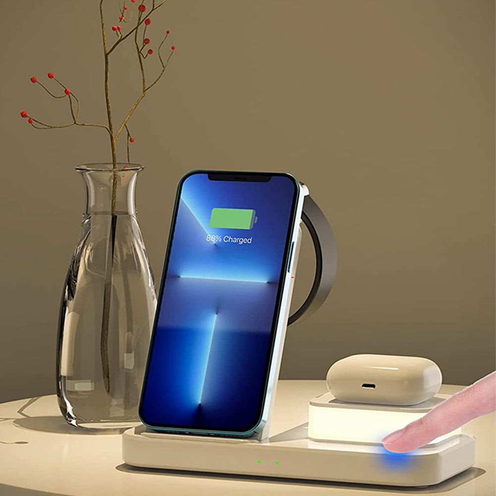 3 in 1 Wireless Charging Station with Touch Light for iPhone iWatch Airpod White