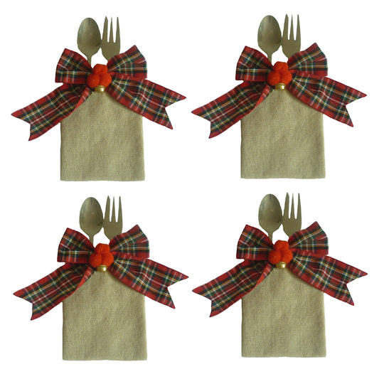 4Pcs Linen Christmas Tableware Holder Bag Knife Fork Bag