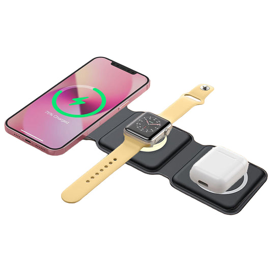 Foldable Magnetic Qi Wireless Charger with Light for iPhone iWatch Airpods Black