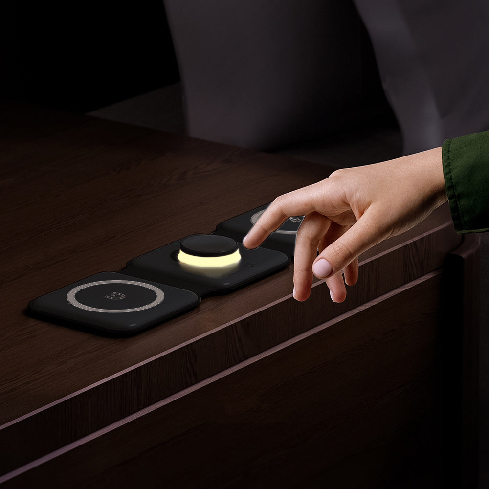 Foldable Magnetic Qi Wireless Charger with Light for iPhone iWatch Airpods Black