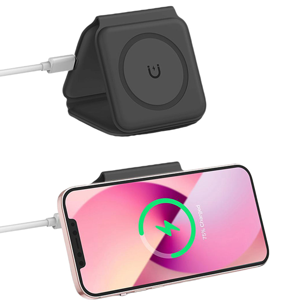 Foldable Magnetic Qi Wireless Charger with Light for iPhone iWatch Airpods Black