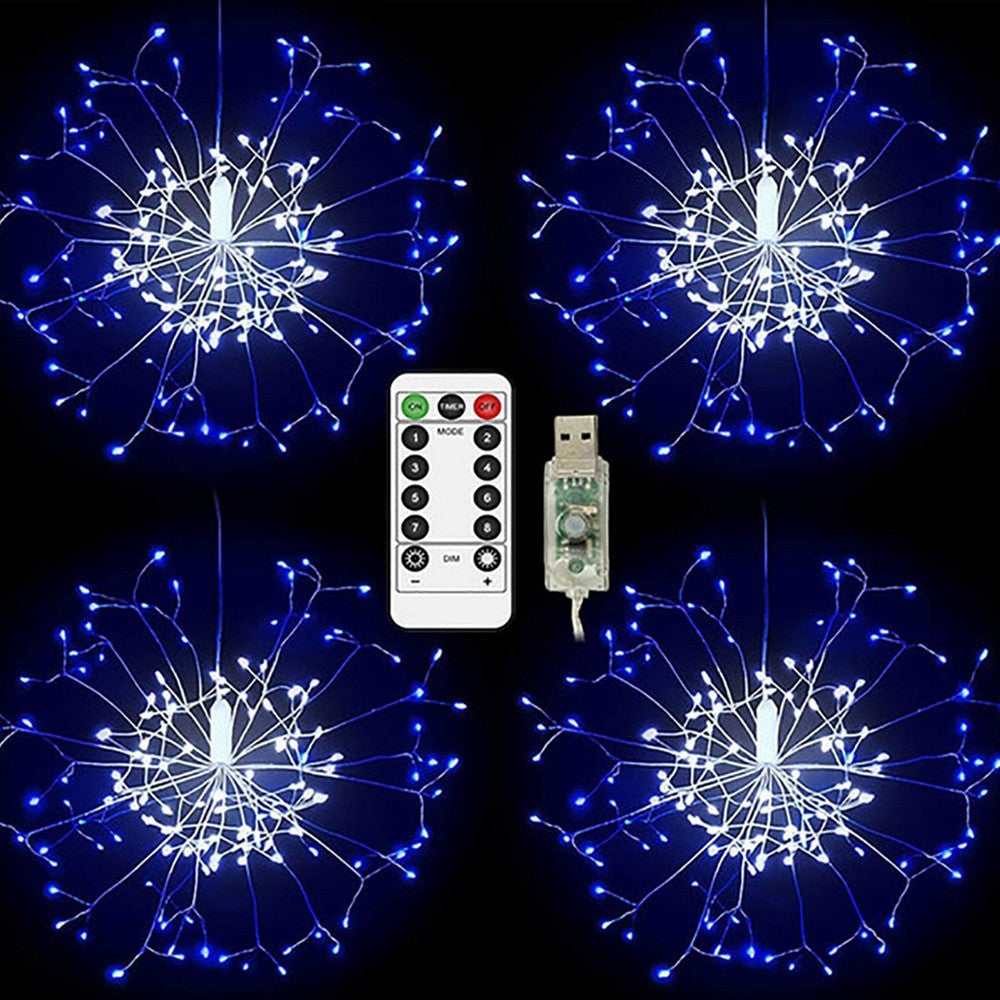 Set of 4 Firework String Lights Starburst Light with Remote Control Blue