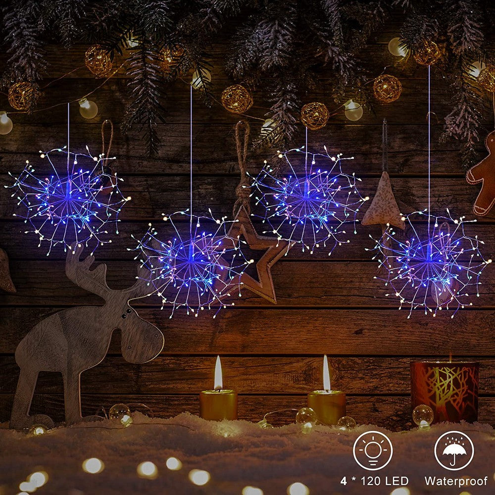 Set of 4 Firework String Lights Starburst Light with Remote Control Blue