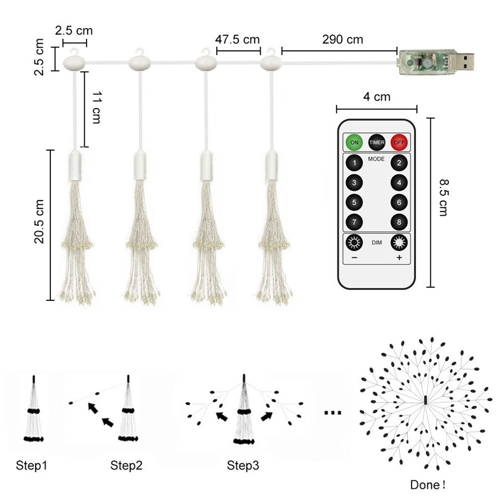 Set of 4 Firework String Lights Starburst Light with Remote Control Blue
