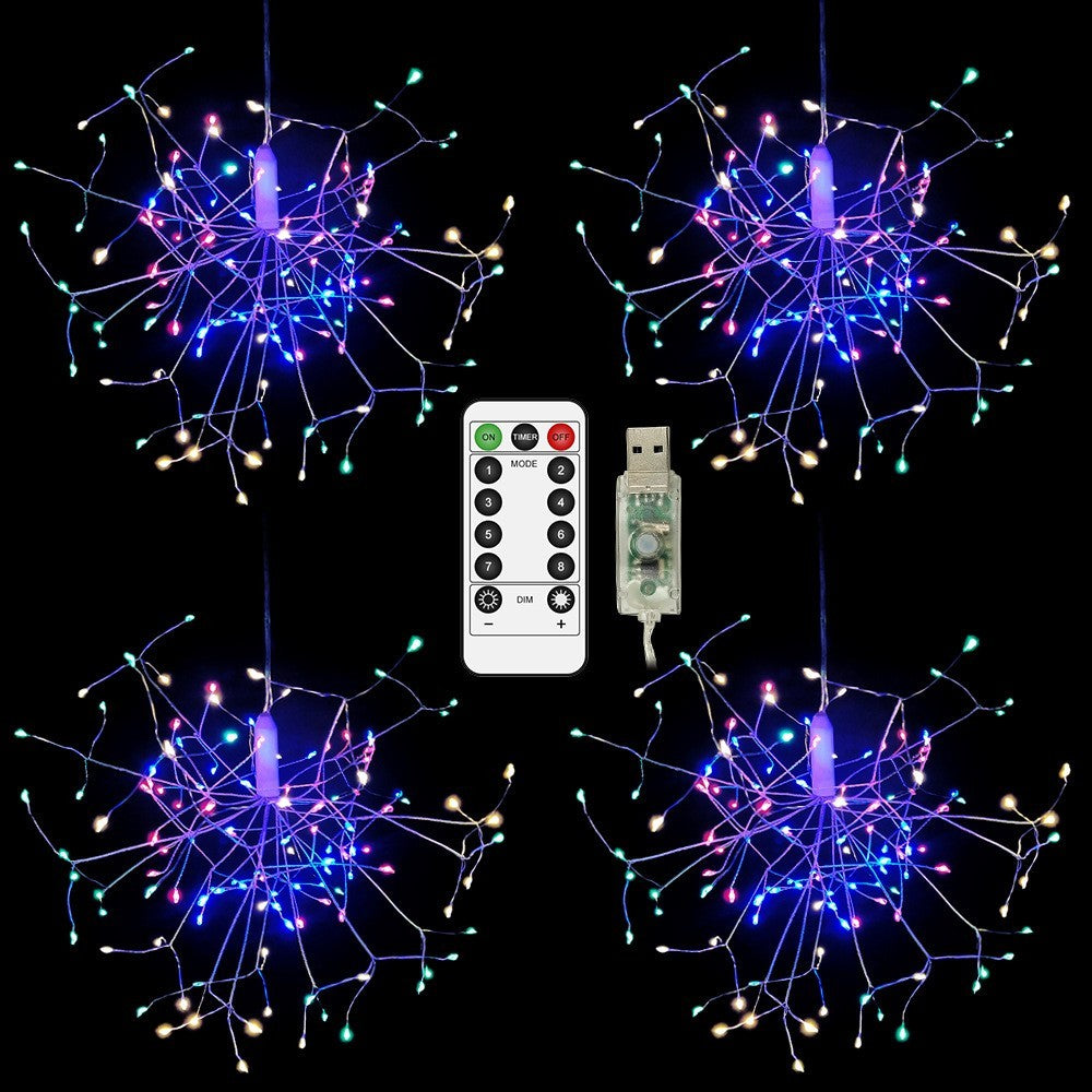 Set of 4 Firework String Lights Starburst Light with Remote Control Multicolor
