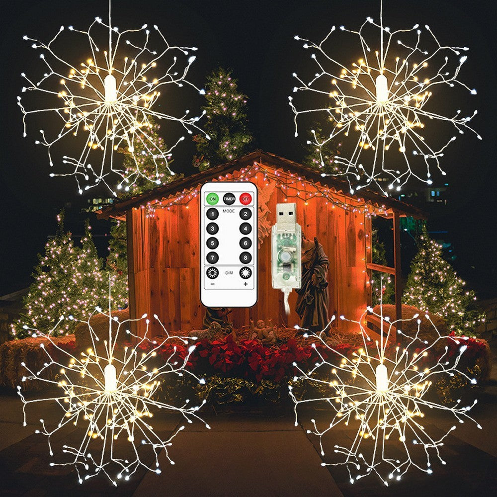 Set of 4 Firework String Lights Starburst Light with Remote Control White