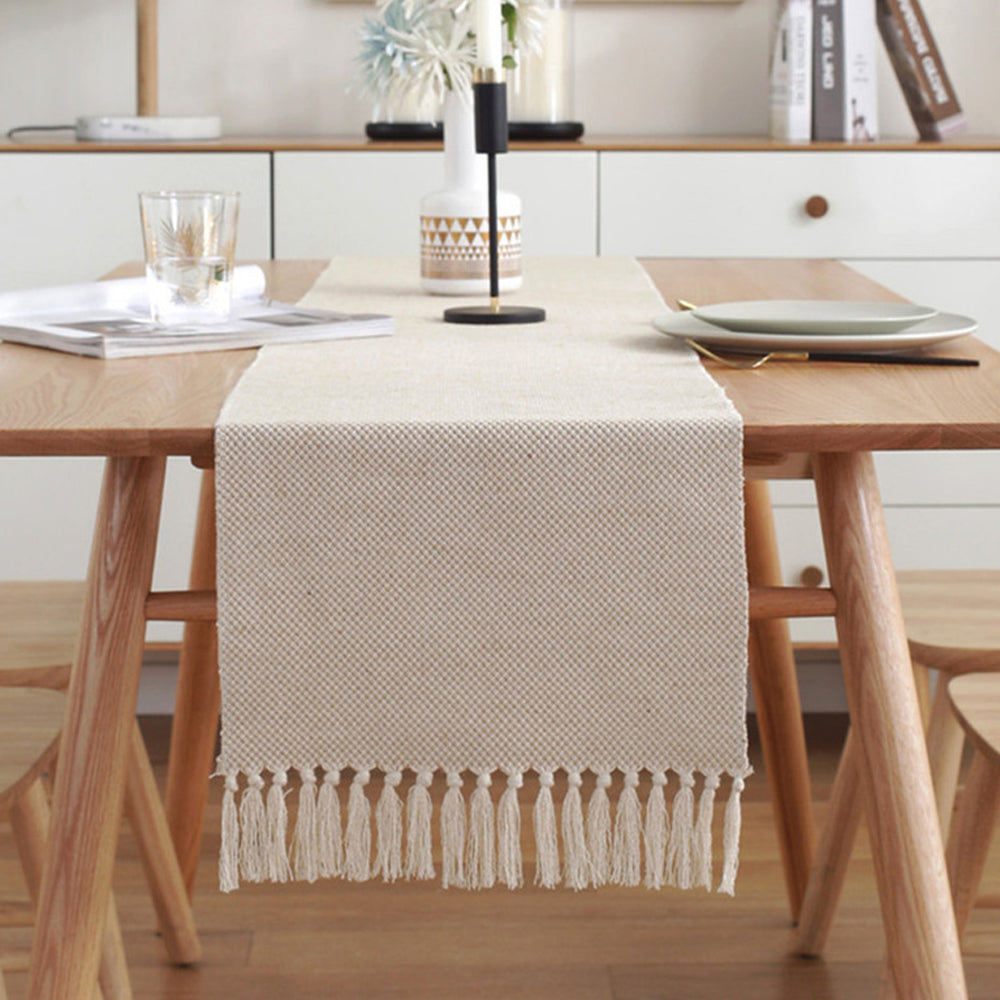 183x33cm Cotton Linen Weave Table Runner with Tassels