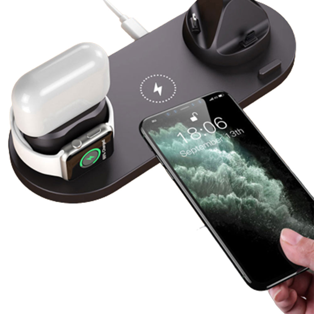 6 in 1 Qi Wireless Fast Charging Station Dock for iPhone iWatch Airpods Black