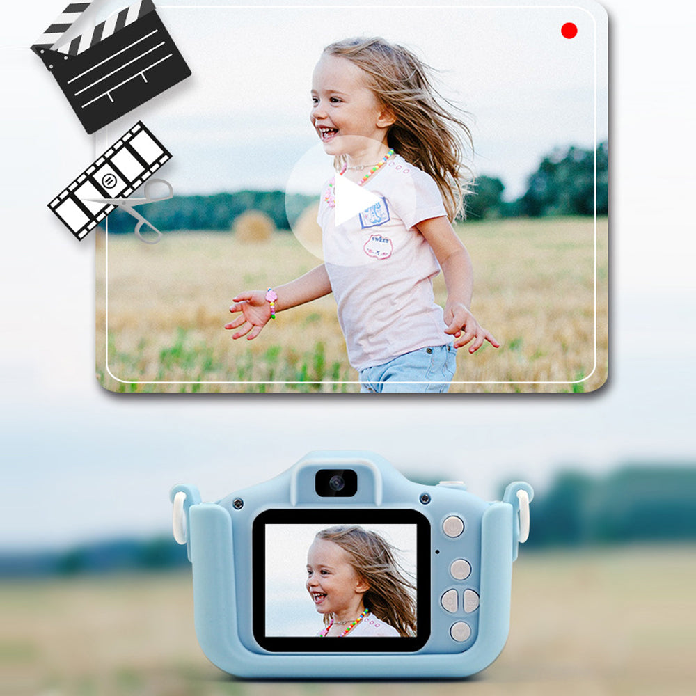 Kids Camera HD 2000W Dual Lens Camera Action Camera Compact Digital Camera Toy Video Camera with 32G Card Blue