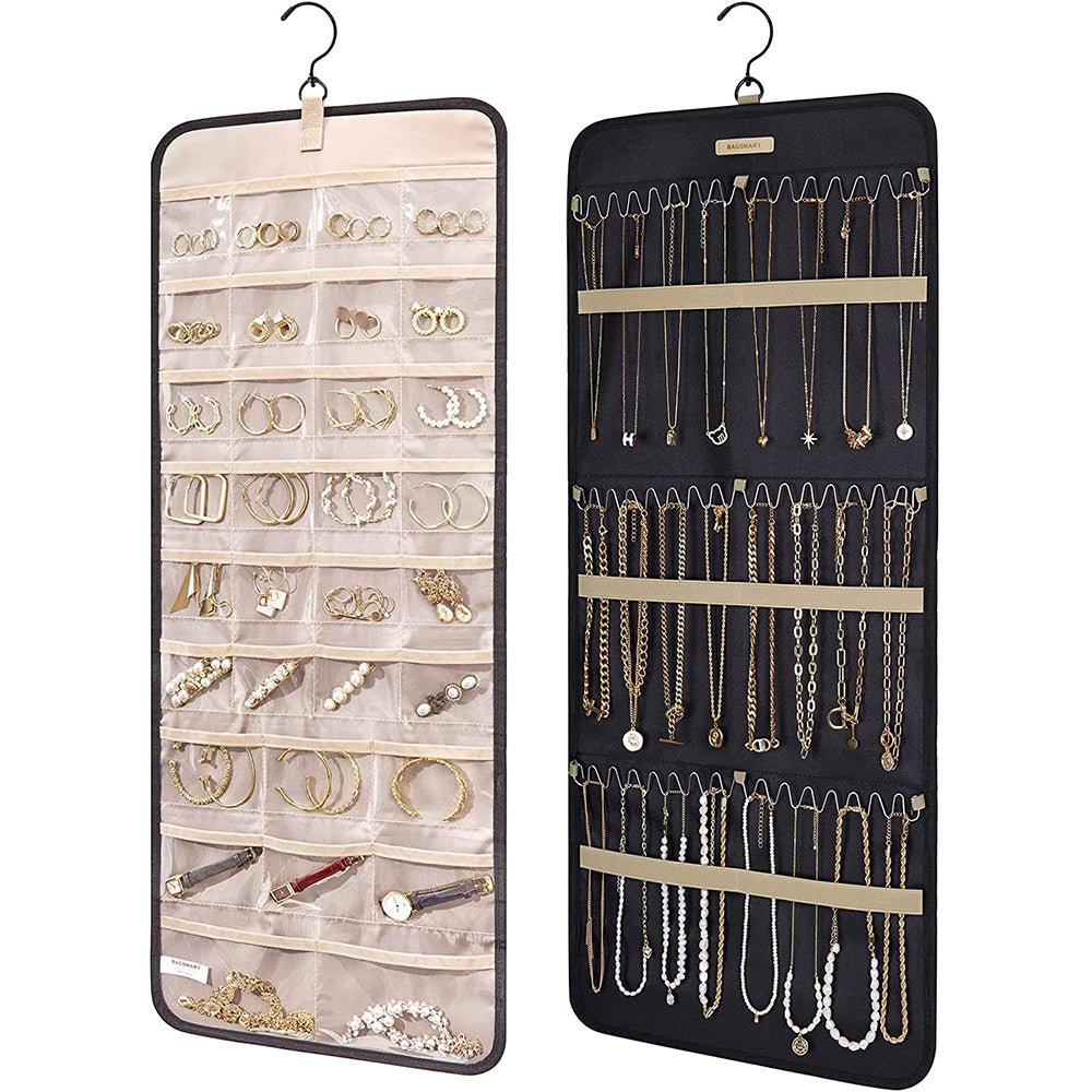 Double Sided Hanging Jewelry Storage Display Bag with Hook Black Large