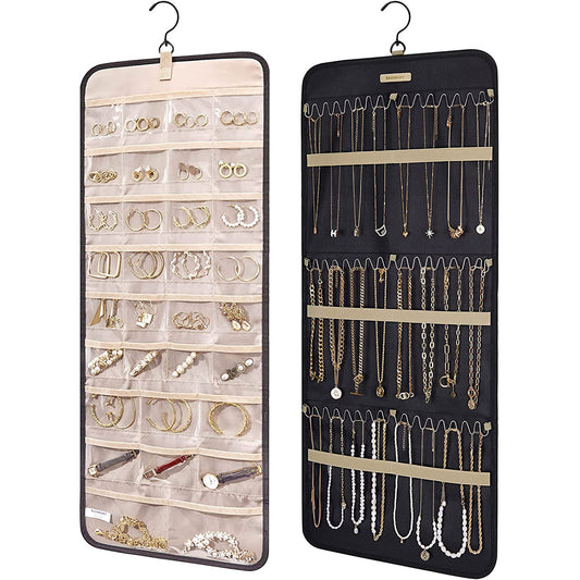 Double Sided Hanging Jewelry Storage Display Bag with Hook Black Large