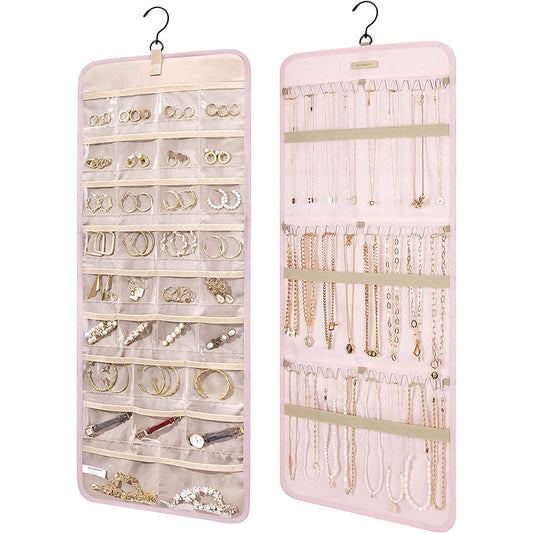 Double Sided Hanging Jewelry Storage Display Bag with Hook Pink Large