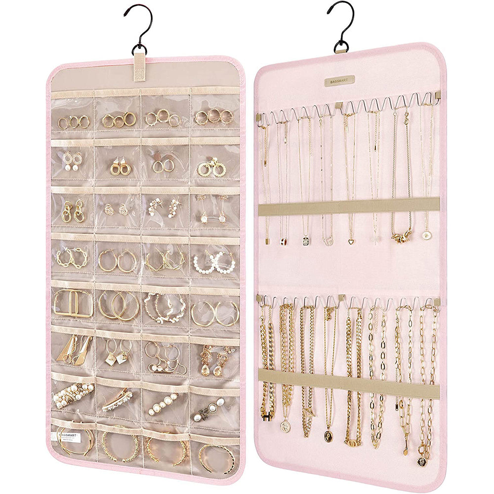 Double Sided Hanging Jewelry Storage Display Bag with Hook Pink Small