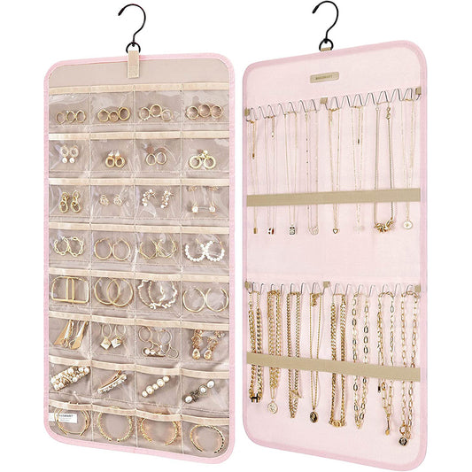 Double Sided Hanging Jewelry Storage Display Bag with Hook Pink Small