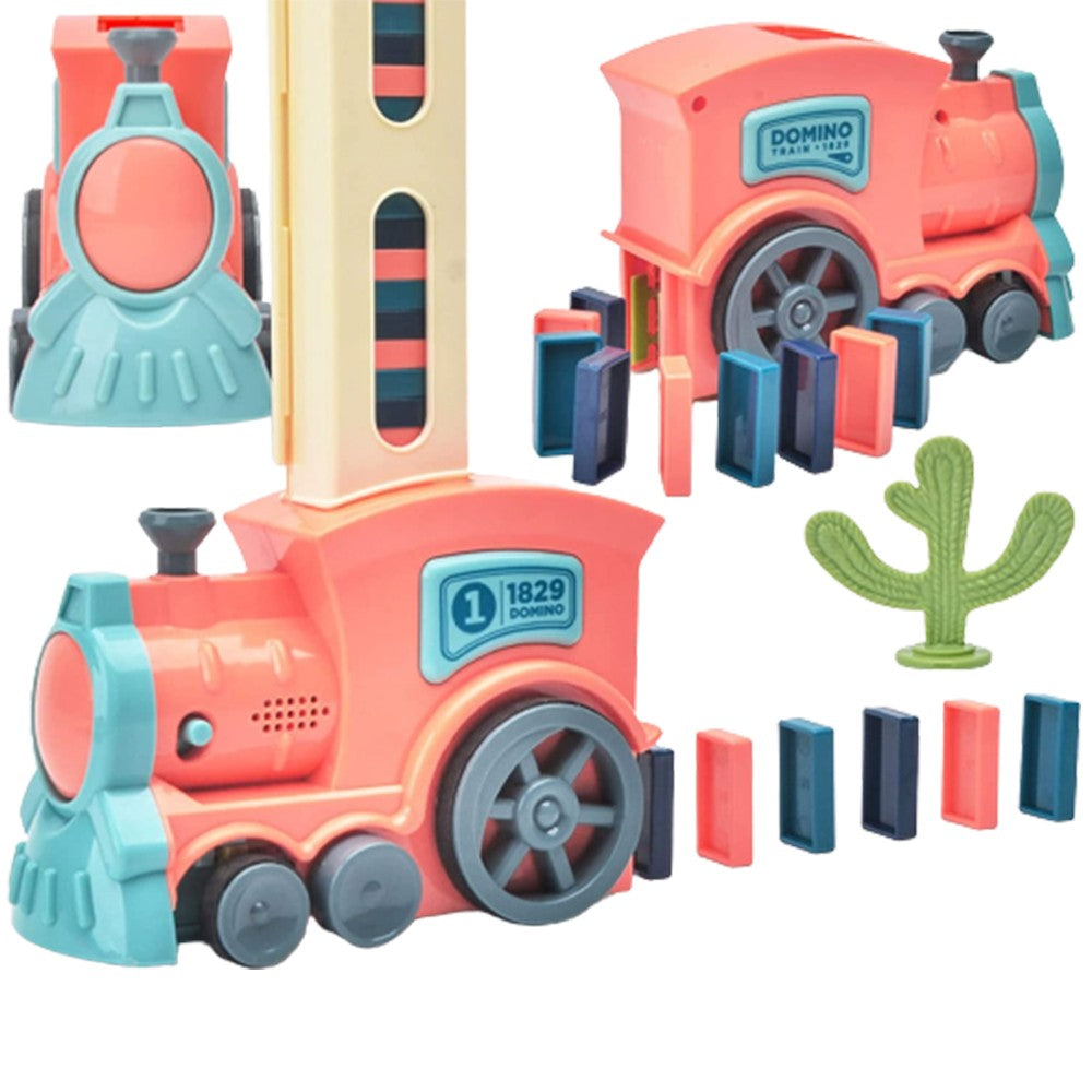 Kids Electric Automatic Domino Train Toy Set with Sound Pink