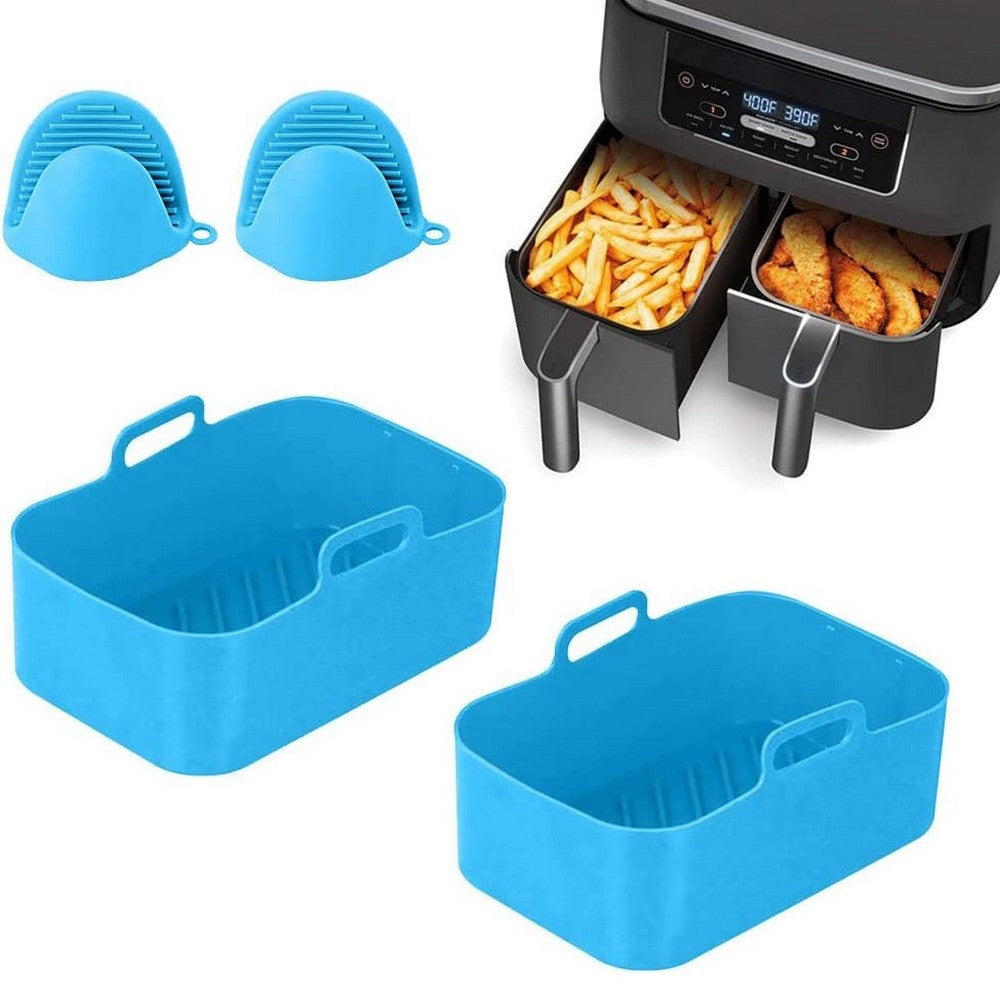 FDA Certificated 4Pcs Set Reusable Air Fryer Silicone Pot with Gloves Blue