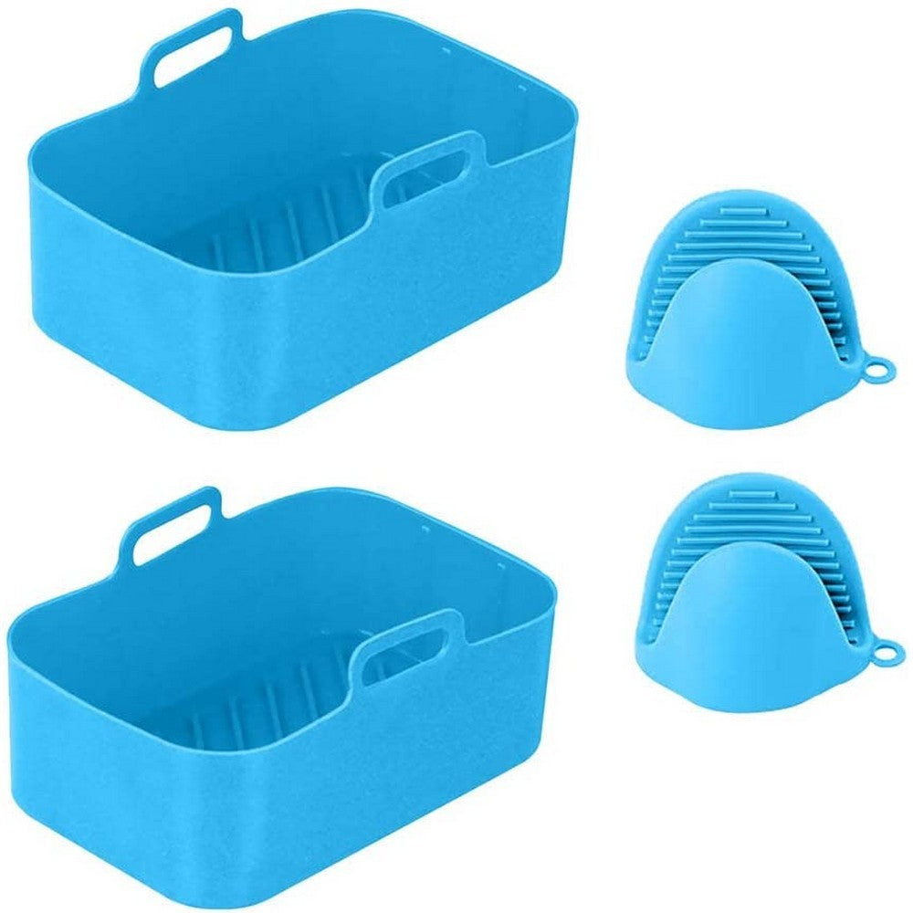 FDA Certificated 4Pcs Set Reusable Air Fryer Silicone Pot with Gloves Blue