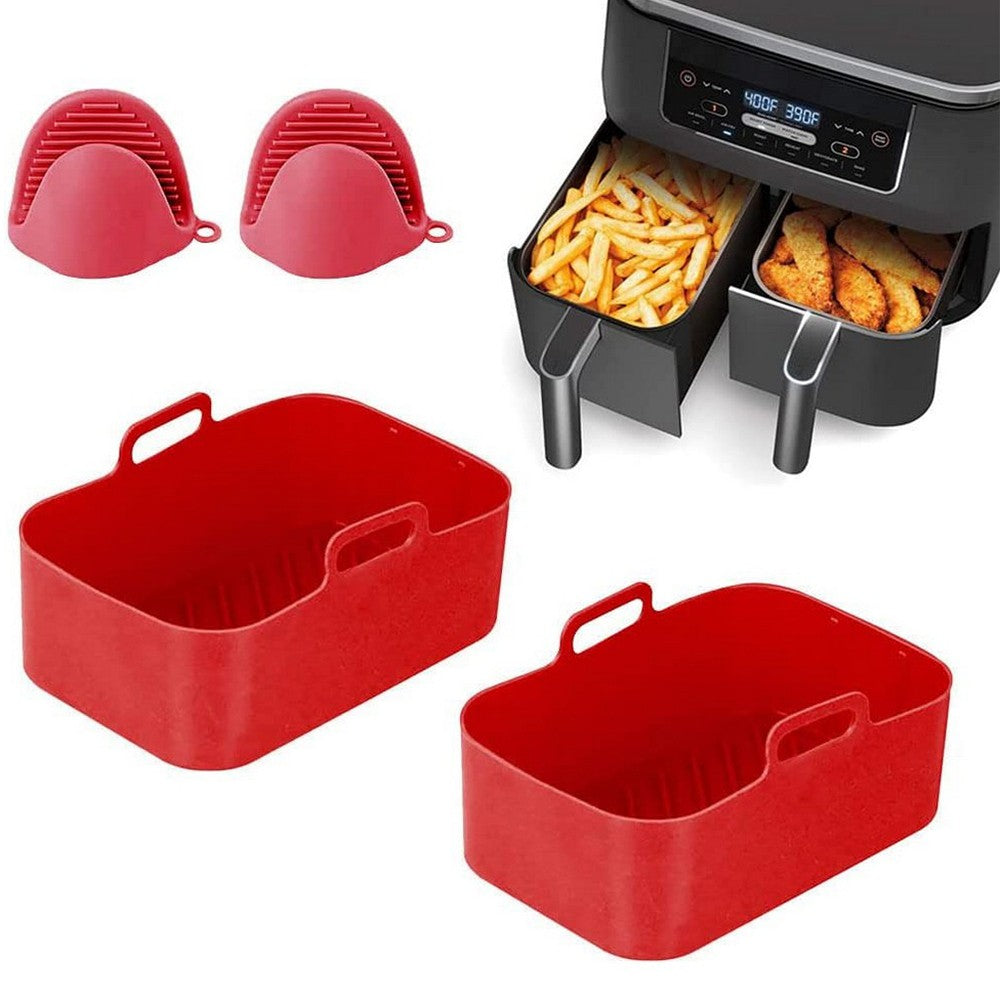FDA Certificated 4Pcs Set Reusable Air Fryer Silicone Pot with Gloves Red