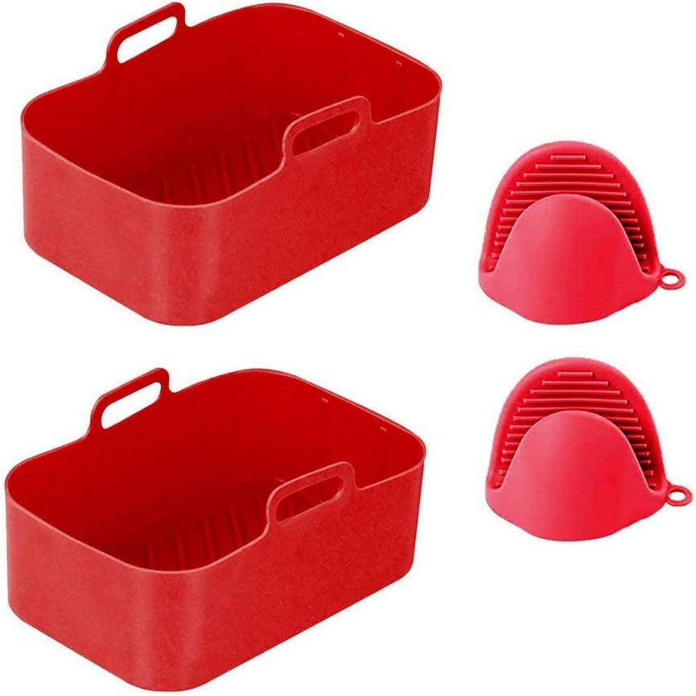 FDA Certificated 4Pcs Set Reusable Air Fryer Silicone Pot with Gloves Red