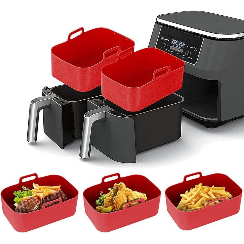 FDA Certificated 4Pcs Set Reusable Air Fryer Silicone Pot with Gloves Red