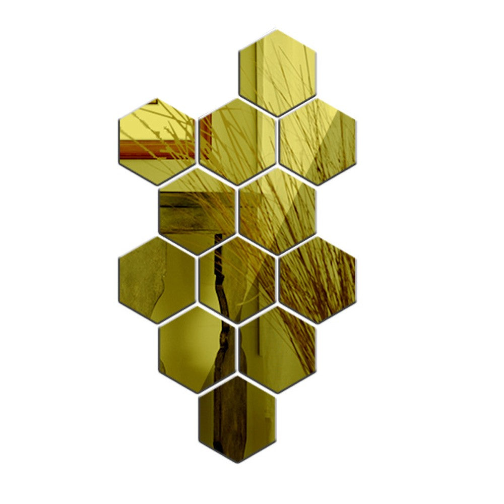 12Pcs 4cm DIY Self Adhesive Hexagon Mirror Wall Stickers Mirror Tiles Gold