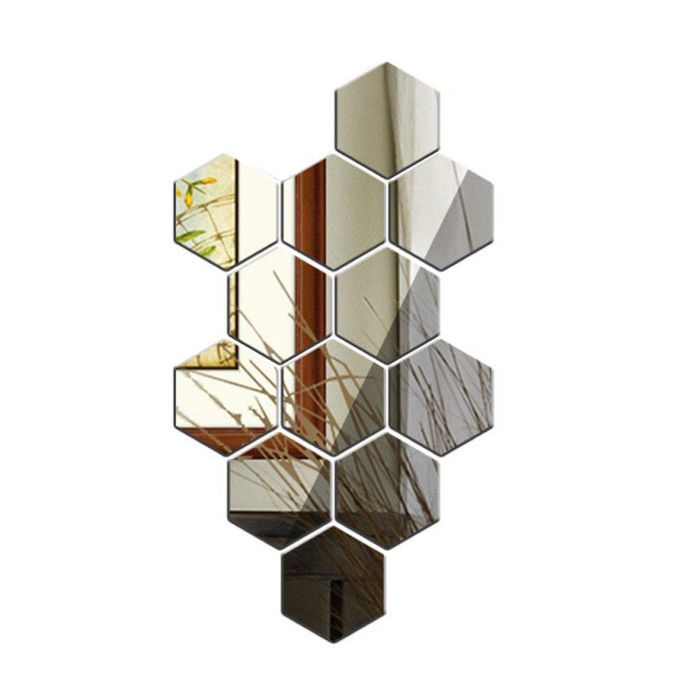 12Pcs 6.3cm DIY Self Adhesive Hexagon Mirror Wall Stickers Mirror Tiles Silver