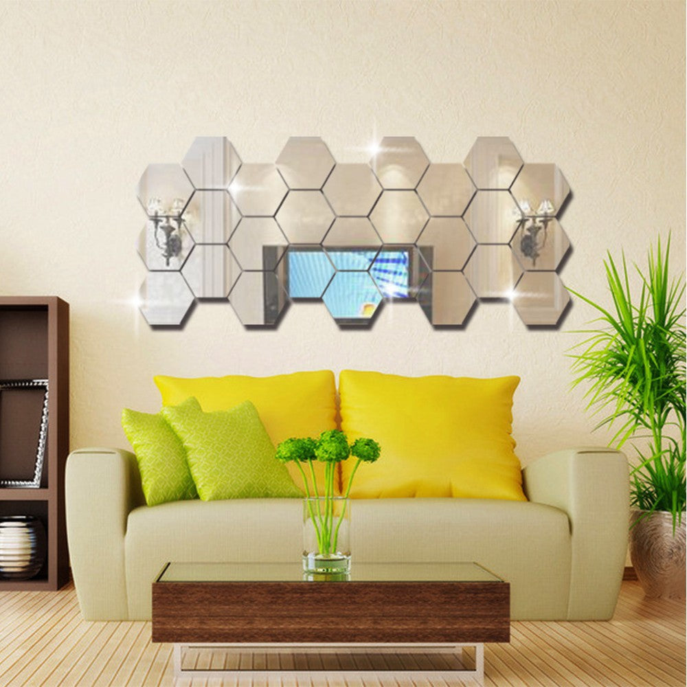 12Pcs 6.3cm DIY Self Adhesive Hexagon Mirror Wall Stickers Mirror Tiles Silver