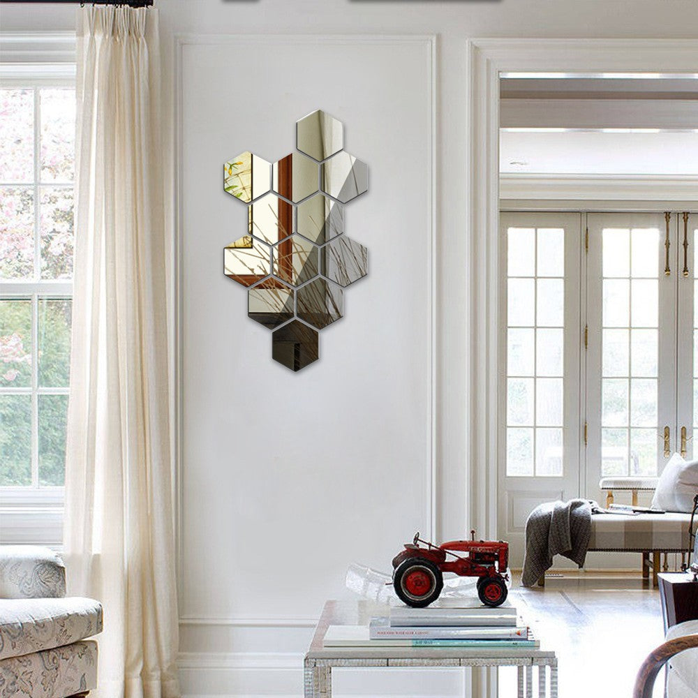 12Pcs 6.3cm DIY Self Adhesive Hexagon Mirror Wall Stickers Mirror Tiles Silver