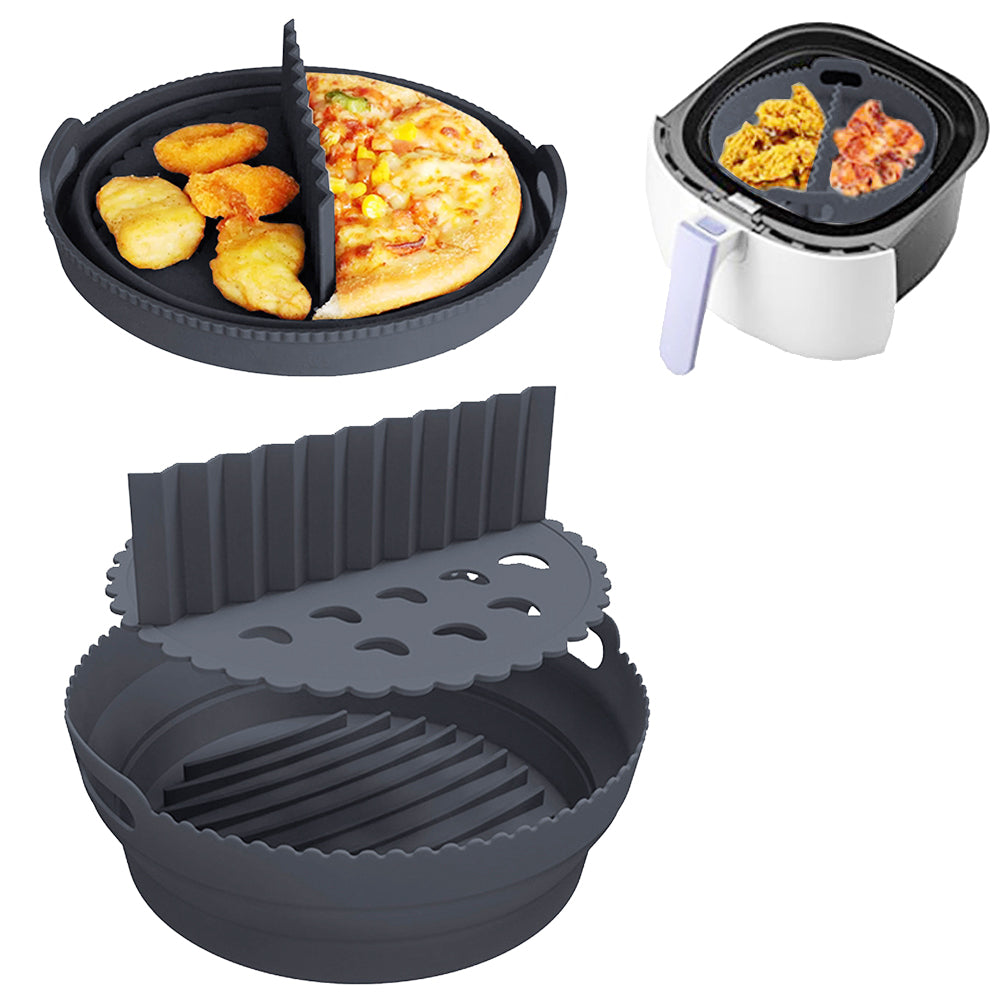 Foldable Round Air Fryer Liners Silicone Pot Baking Tray with Divider Pad Grey