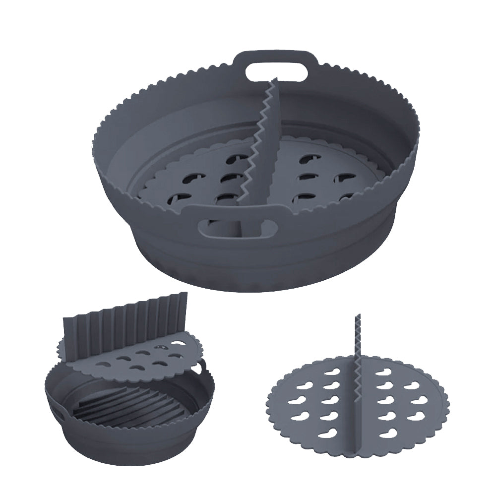 Foldable Round Air Fryer Liners Silicone Pot Baking Tray with Divider Pad Grey