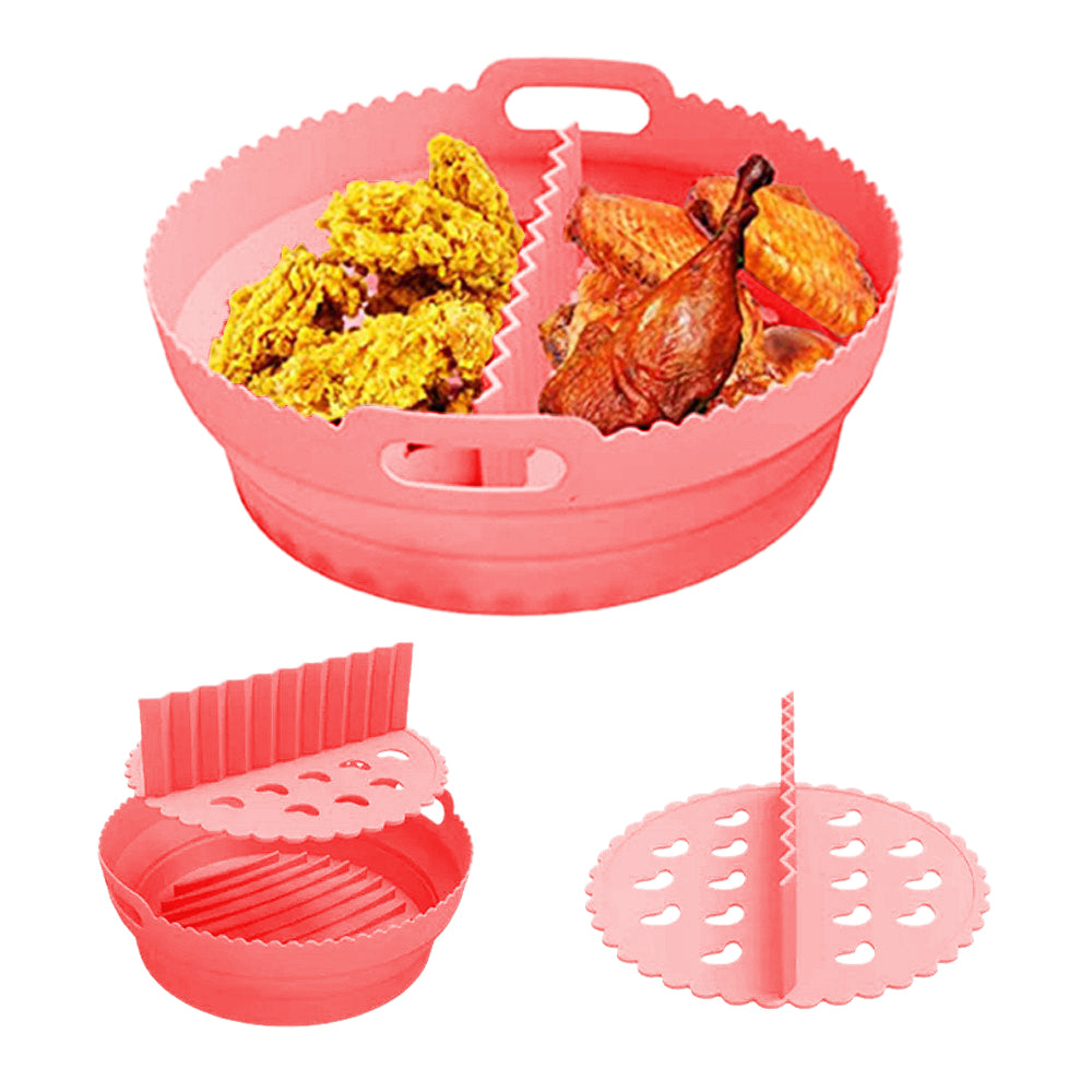 Foldable Round Air Fryer Liners Silicone Pot Baking Tray with Divider Pad Pink