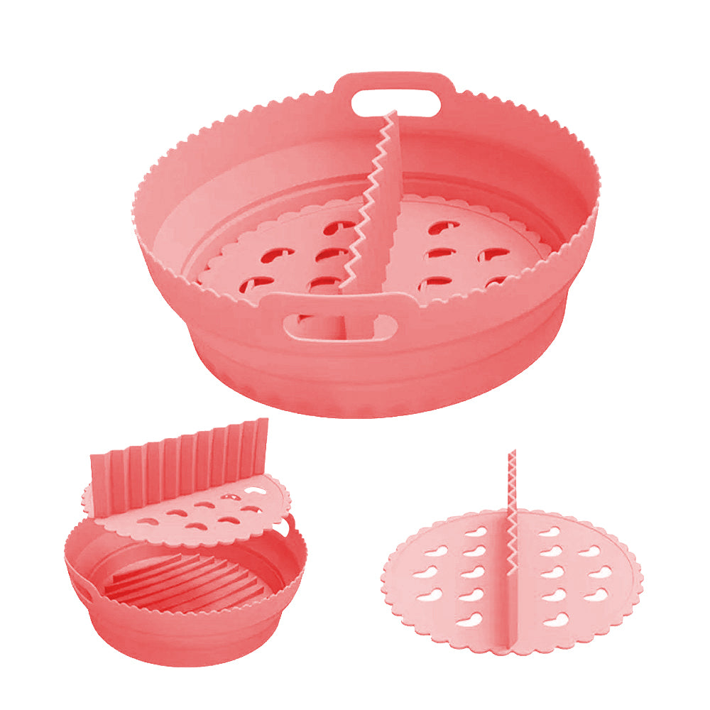 Foldable Round Air Fryer Liners Silicone Pot Baking Tray with Divider Pad Pink