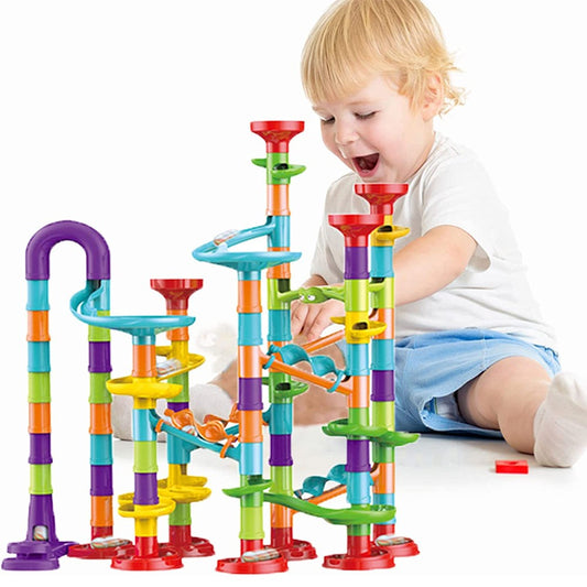 113Pcs Kids Marble Maze Run Set Maze Track Building Blocks with 30 Glass Marbles