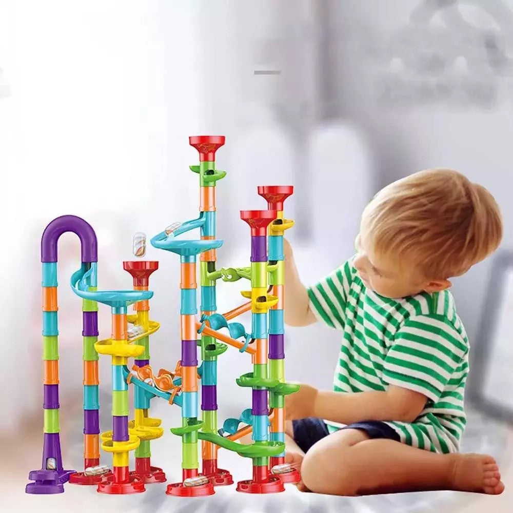 113Pcs Kids Marble Maze Run Set Maze Track Building Blocks with 30 Glass Marbles