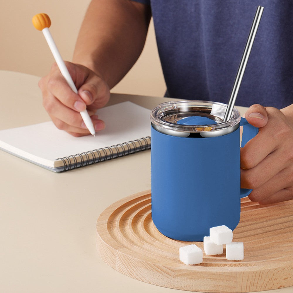 450mL Stainless Steel Coffee Mug Milk Cup with Handle and Lid Dark Blue