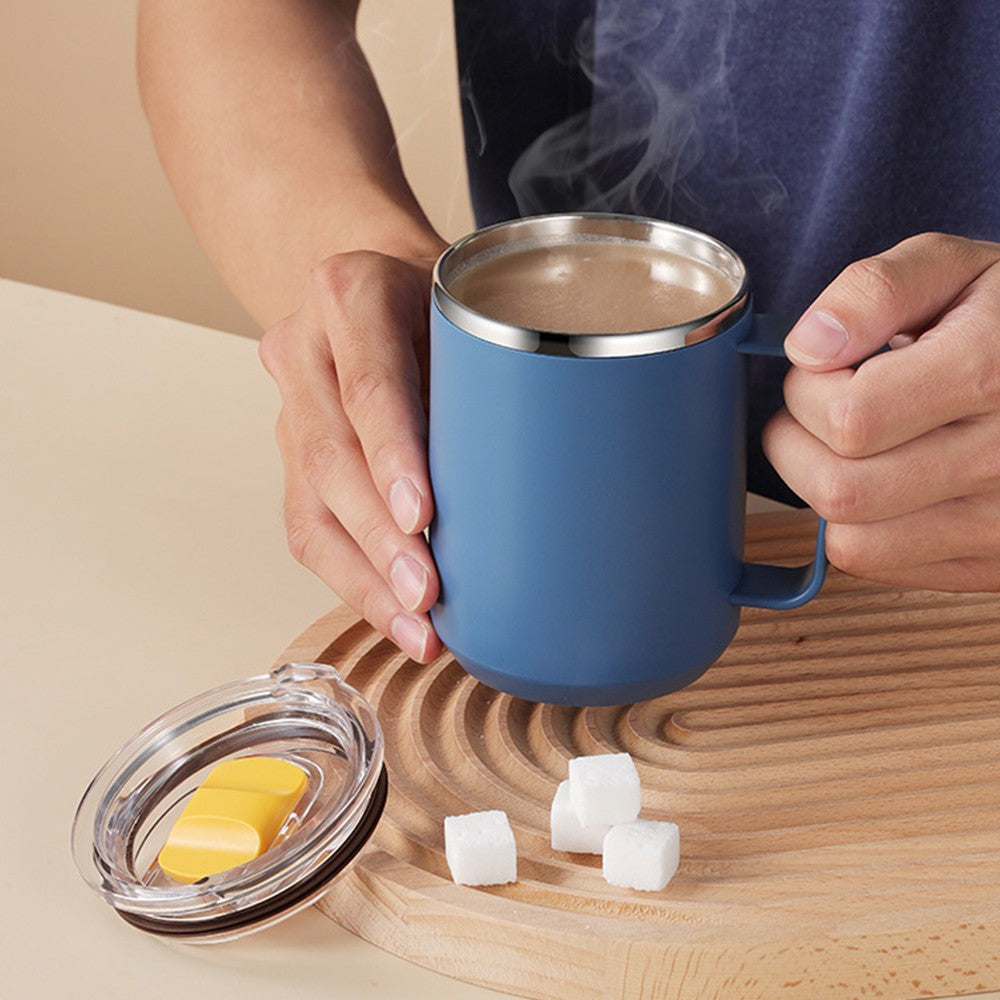 450mL Stainless Steel Coffee Mug Milk Cup with Handle and Lid Dark Blue