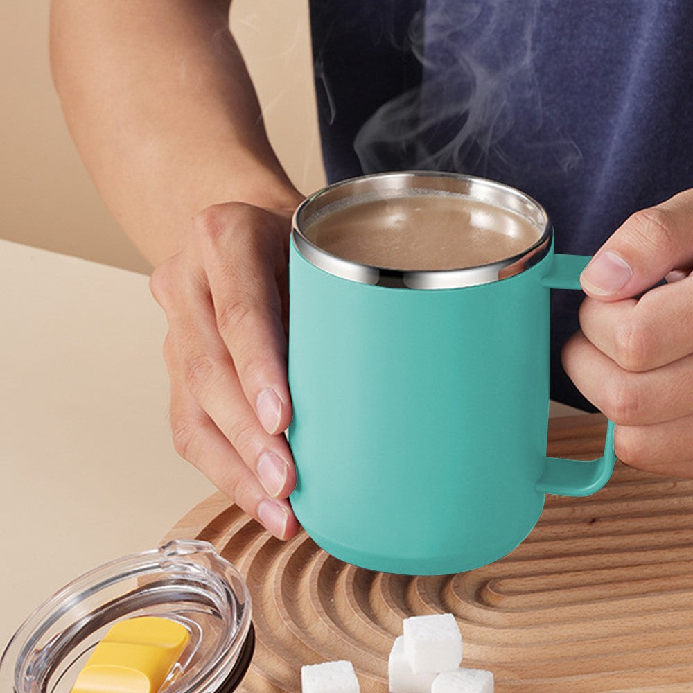 450mL Stainless Steel Coffee Mug Milk Cup with Handle and Lid Green
