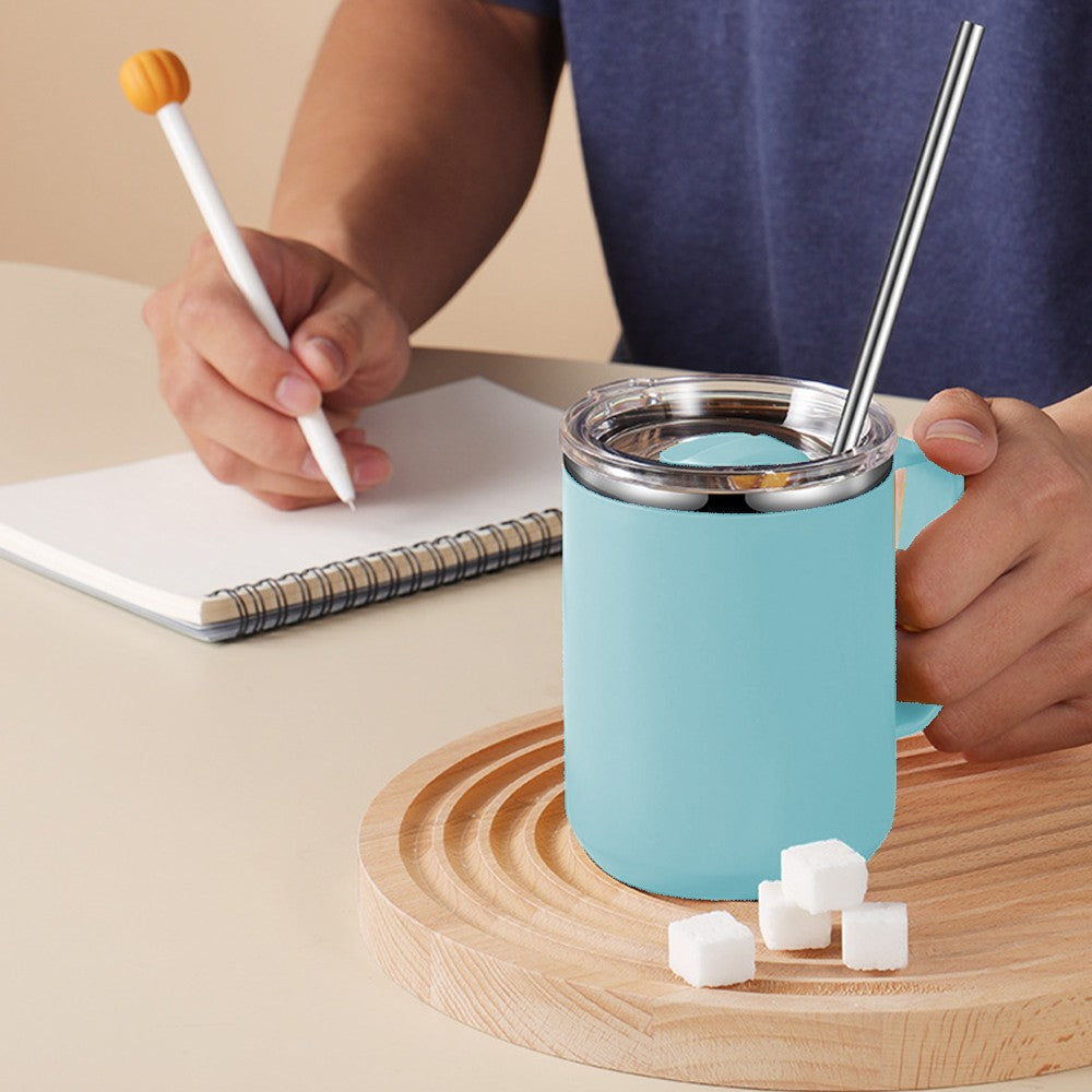450mL Stainless Steel Coffee Mug Milk Cup with Handle and Lid Light Blue