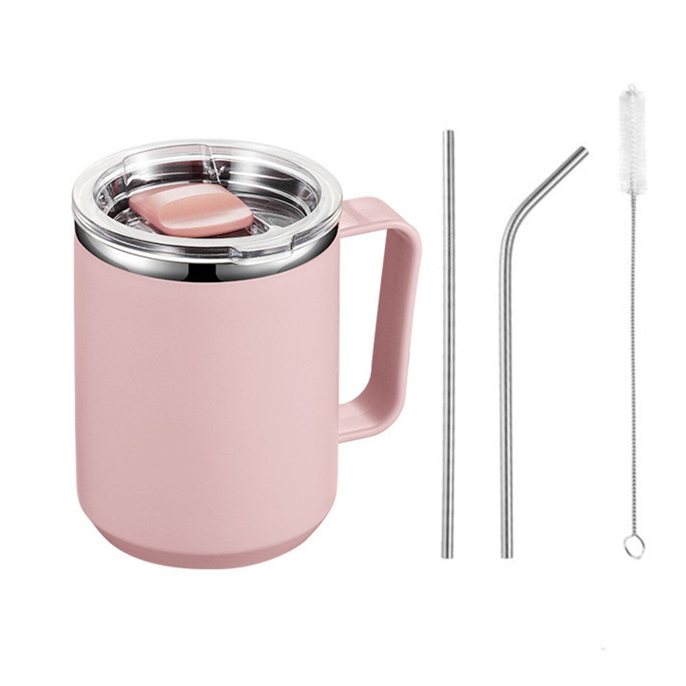 450mL Stainless Steel Coffee Mug Milk Cup with Handle and Lid Pink