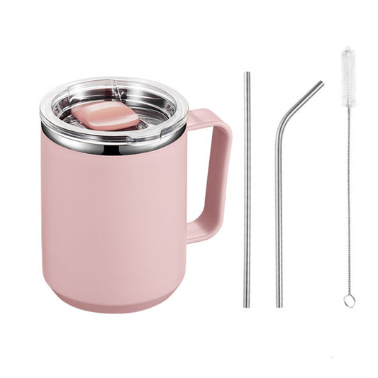 450mL Stainless Steel Coffee Mug Milk Cup with Handle and Lid Pink