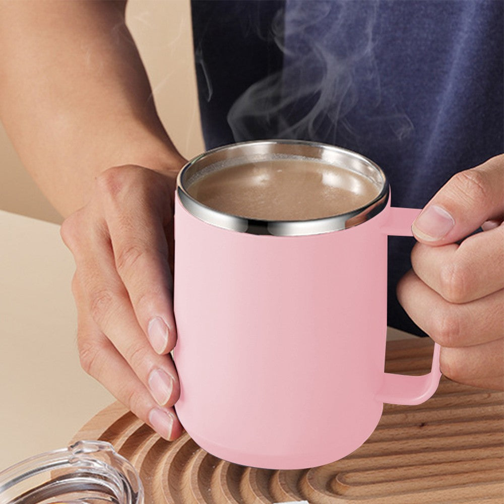 450mL Stainless Steel Coffee Mug Milk Cup with Handle and Lid Pink